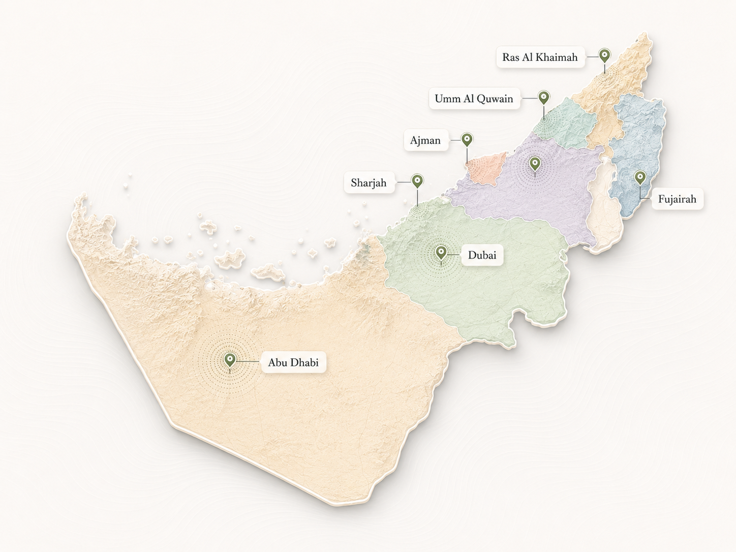 Map of the United Arab Emirates showing all seven emirates: Ras Al Khaimah, Umm Al Quwain, Ajman, Sharjah, Dubai, Abu Dhabi, and Fujairah.